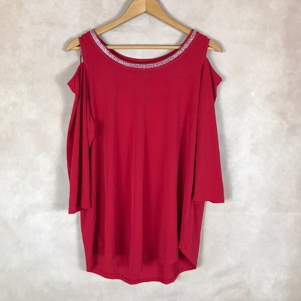 JM COLLECTION Red Cold-Shoulder Studded Knit Top NEW 0X - Picture 5 of 14